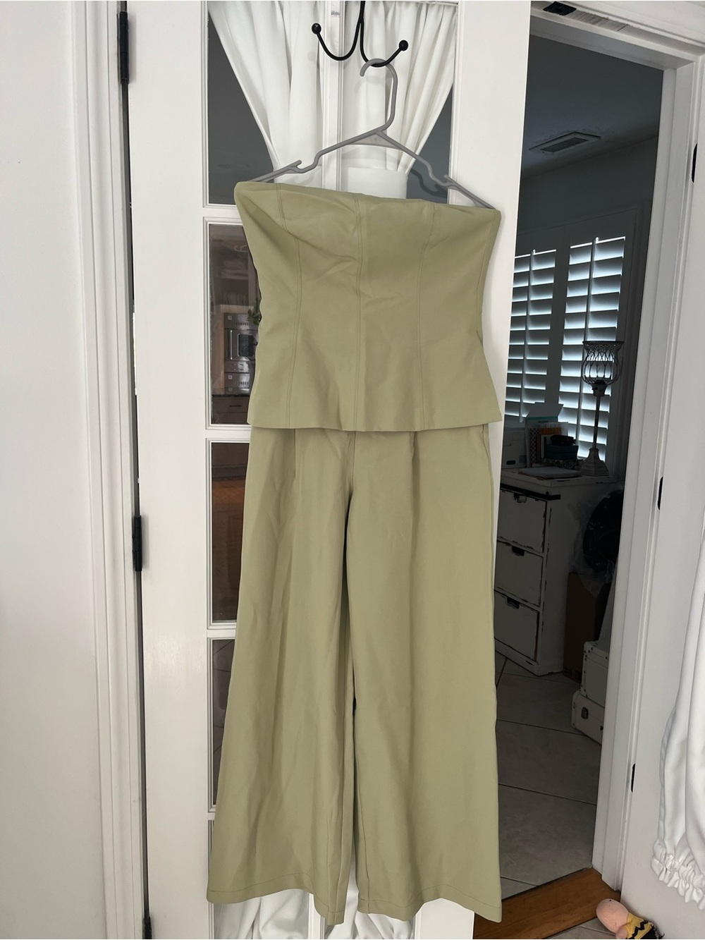 Anthropologie Strapless Wide-Leg Jumpsuit in Light Olive